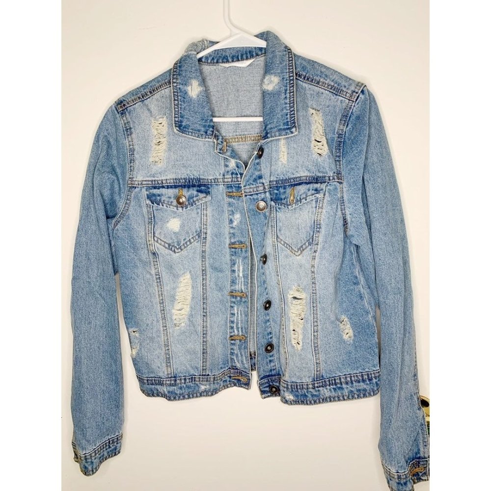 Stone Washed Large Ripped Denim Jacket - Picture 2 of 4